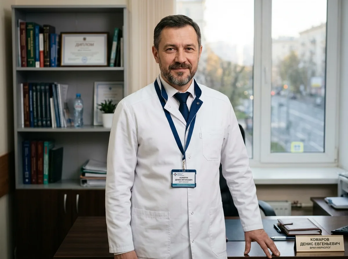 Портрет врача-нарколога Комарова Дениса Евгеньевича в белом халате, уверенный взгляд